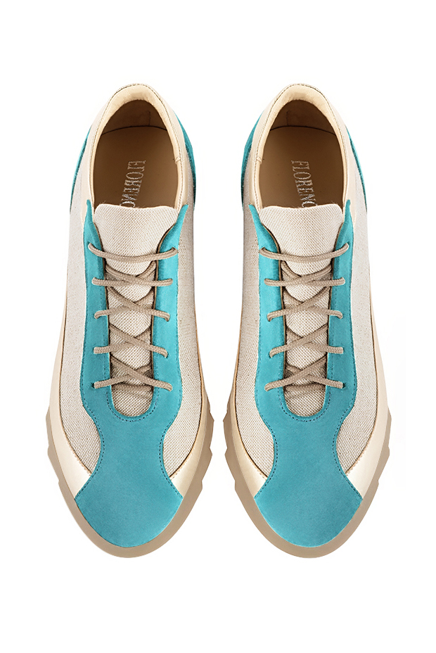 Aquamarine blue and gold women's two-tone elegant sneakers. Round toe. Low rubber soles. Top view - Florence KOOIJMAN